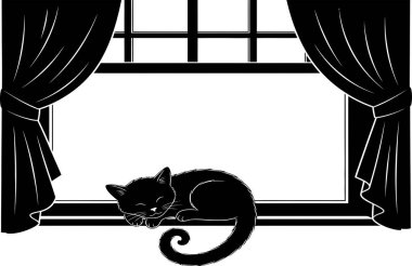 A black silhouette of a cat curled up asleep on a window ledge, framed by draped curtains and a window pane.