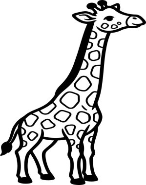 A black and white line drawing of a cartoon giraffe. It has a long neck and distinctive spots on its body.