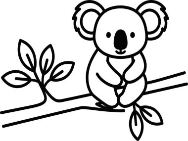 A simple black and white line drawing of an adorable cartoon koala perched on a tree branch with a few leaves.