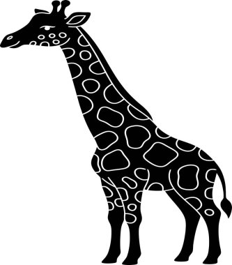 A black silhouette of a giraffe is depicted with white, irregular oval shapes representing its iconic spots, standing against a white background.