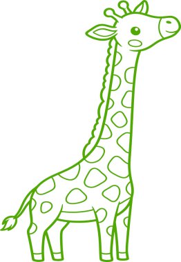 A stylized, outline drawing of a friendly giraffe with its characteristic spots, rendered in a bright green hue against a white background.