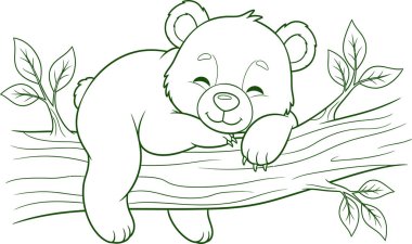 A charming line drawing of a cute bear cub peacefully sleeping while draped over a tree branch with leaves.