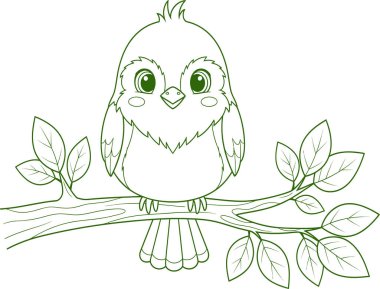 A charming, hand-drawn illustration of a plump, fluffy bird with large, expressive green eyes sitting on a leafy tree branch.