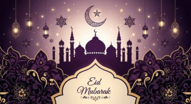 Canlı Mübarek bayram kartı. Hilal ayının altında parlak fenerler ve süslü İslami desenlerle detaylı bir cami var..