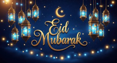 Canlı Mübarek bayramını altın kaligrafi, aydınlık mavi fenerler, hilal ay ve şenlikli tasarımlar için ışıldayan yıldızlarla selamlıyor..