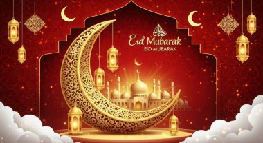 Aydınlatılmış cami, hilal ay ışığı, fenerler ve şenlikli kutlamalar ve dini tasarımlar için sıcak altın ışıkla Mübarek bayramını selamlıyoruz..