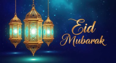 Koyu mavi gökyüzünde yıldızlarla aydınlatılan zarif altın fenerler bayram mübarek neşesi ve kültürel kutlamalar sunuyor..