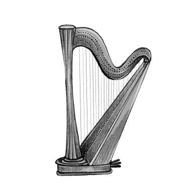 Beyaz arka planda klasik bir arpın siyah ve beyaz raster grafiği. Müzik tasarımı, eğitim materyalleri, ambalaj, posterler, klasik dekor ve enstrümantal temalı sanat eserleri için elverişli.