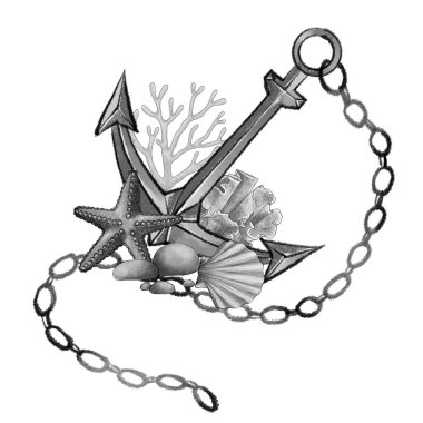 Çapa, zincir, denizyıldızı, deniz kabuğu, mercan ve taşların siyah ve beyaz çizimi. Dövme sanatı, denizcilik posterleri, dekor veya ambalaj tasarımı için beyaz arkaplan üzerine el çizimi deniz kompozisyonu