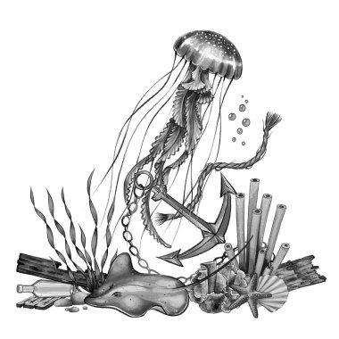 Denizanası, çapa, zincir, vatoz, mercan, şişe ve deniz bitkileriyle siyah ve beyaz çizimler. Deniz dekoru, dövme ya da posterler için beyaz arkaplan üzerine elle çizilmiş detaylı deniz kompozisyonu