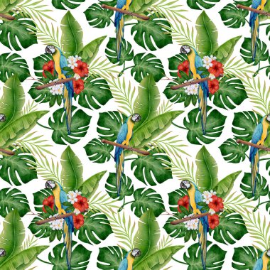 Papağanlar, amber çiçekleri ve bereketli canavarlarla suluboya, beyaz arka planda palmiye ve muz yaprakları, kumaş, duvar kağıdı, ambalaj, kırtasiye ve yaz tasarımı için mükemmel.