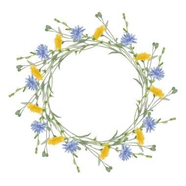 Çiçek desenli kır çiçeği çelengi ve sarı çiçekli suluboya resim ambalaj etiketleri, kırtasiye malzemeleri düğün tasarımı ve botanik marka dekoratif baskı kullanımı için beyaz arkaplan