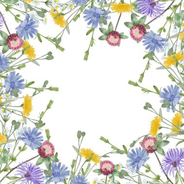 Beyaz arka planda kır çiçekleri olan suluboya çerçeve kartpostal, kadınlar için el boyaması resim kutlama kartı, anneler günü tebrik kartı, davetiyeler ve kırtasiye için kadınsı tasarım