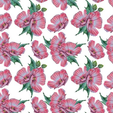 Seamless pattern with watercolor pink hibiscus flowers and green leaves on white background, in a botanical realistic style. Suitable for fabric, wallpaper, cosmetics, spa and summer product design.