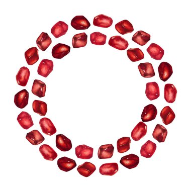 Gerçekçi bir tarzda boyanmış suluboya nar tohumlarından yapılmış yuvarlak bir çelenk. Ambalaj tasarımı, menüler, kozmetik ürünler, çıkartmalar, logolar ve doğal ürün markaları için resim.