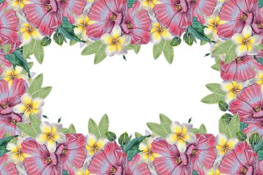 Pembe amber çiçekli suluboya çerçeve, sarı-beyaz tesisat ve yeşil yapraklar. Düğün davetiyeleri, kozmetik ambalajlar, spa ve yaz baskıları için ideal..