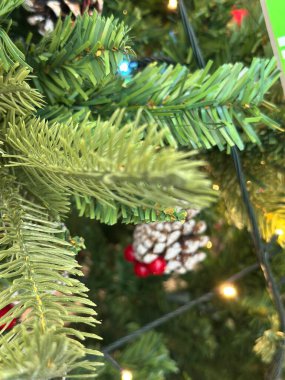 Sezonun selamlama sahnesi. Noel süslemeleri, balolar, kır yıldızları, kutsal meyveler, buzlu ladin dalları yeşil arka planda konfeti, mesajlar ve tanıtım için mükemmel. metin alanı kavramı