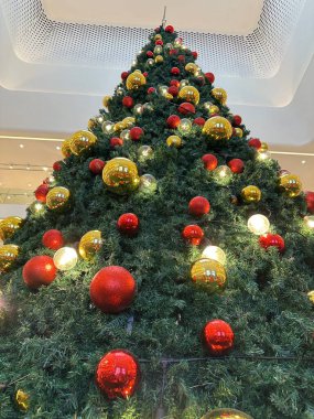 Sezonun selamlama sahnesi. Noel süslemeleri, balolar, kır yıldızları, kutsal meyveler, buzlu ladin dalları yeşil arka planda konfeti, mesajlar ve tanıtım için mükemmel. metin alanı kavramı