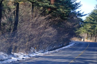 Jeju, Güney Kore - 11 Şubat 2026: Gün batımındaki Jeju cazibesi. Kıyıya yakın beton kuleler yel değirmeni