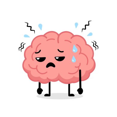 Komik çizgi film karakteri ter damlaları ve stres çizgileriyle yorgun ve bitkin görünüyor. Akıl sağlığı, tükenmişlik, yorgunluk ve aşırı çalışma kavramı