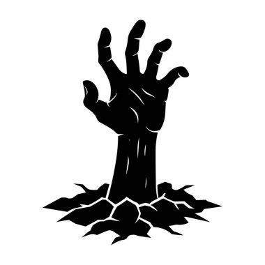 Black silhouette vector of a zombie hand or undead arm rising from cracked ground. Great for Halloween designs, horror posters, and spooky stickers.