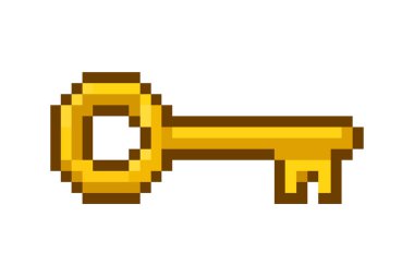 Pixel art illustration of a shimmering gold key. Perfect 8-bit retro game icon, treasure symbol, or sticker for web design and digital projects.