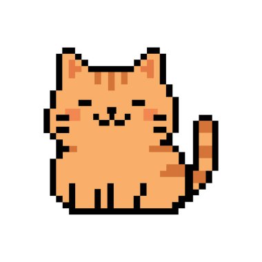Pixel art vector of a cute, smiling ginger cat with tabby stripes. Perfect 8-bit retro game icon, sticker, or mascot for digital and pet projects