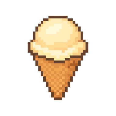 Klasik dondurma külahının pikselli sanat ikonu. Mükemmel 8-bit retro oyun varlığı, çıkartma, ya da tatlı için sembol, fast food ve tatlı yemek projeleri..