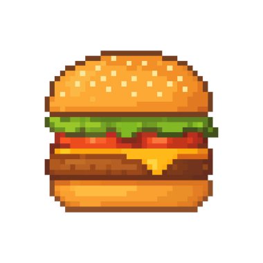 Erimiş peynirli, domatesli ve marullu klasik bir çizburgerin pikselli sanat ikonu. Fast food ve mutfak projeleri için mükemmel 8-bit retro oyun varlığı.