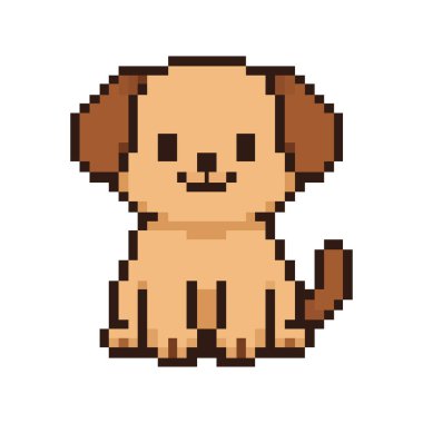 Şirin, gülümseyen bir köpek yavrusunun pikselli sanat ikonu. Evcil hayvan, hayvan ve dijital tasarım projeleri için mükemmel 8-bit retro oyun varlığı, çıkartması veya maskotu.
