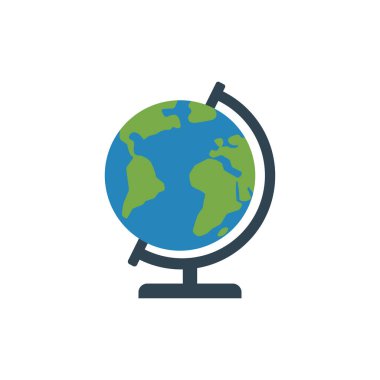 Masa küresinin basit düz vektör simgesi. Yeşil kıtaları ve mavi okyanusları olan Dünya haritasını gösteriyor. Uluslararası ticaret, eğitim ve seyahat kavramları için ideal.