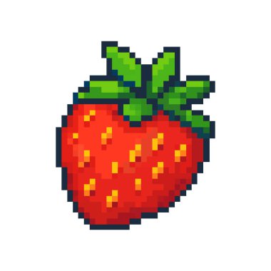 Olgunlaşmış yeşil yapraklı kırmızı çileğin klasik pikselli sanat simgesi. Video oyunları, sağlıklı gıda konseptleri, tatlılar ve retro tasarım projeleri için sevimli 8-bit stil grafik değeri.