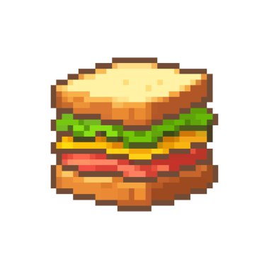 Classic pixel art icon of a delicious sandwich with bread, meat, cheese, and lettuce. Cute 8-bit style graphic asset for video games, fast food, lunch, and retro design projects.
