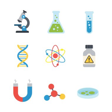 Flat vector icon set featuring essential science symbols: microscope, flasks, test tube, DNA, atom, warning bottle, magnet, molecule, and petri dish. Great for research and education.