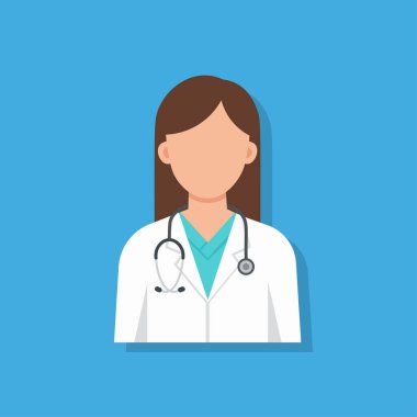 Beyaz önlük ve steteskop giymiş, mavi arka planda duran kadın bir doktor ya da hekimin düz vektör avatar ikonu. Tıp, sağlık ve kadın yetkilendirmesi için ideal sembol..