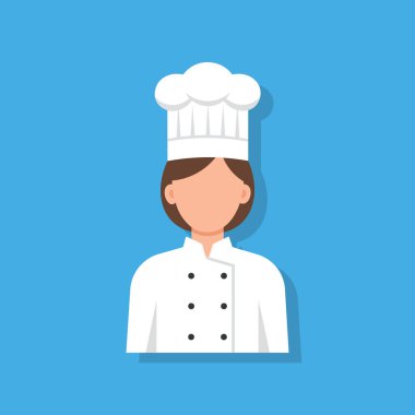 Beyaz üniformalı ve şapkalı profesyonel kadın şef karakter, canlı mavi arka planda düz dizayn vektör avatarı olarak sunuluyor. Mutfak ve yemek şirketi için yemek ikonu..