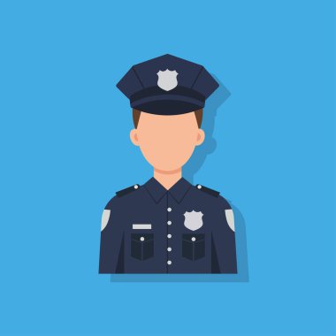 Lacivert üniformalı ve şapkalı profesyonel erkek polis karakteri canlı bir arka planda düz dizayn vektör avatarı olarak sunuluyor. Güvenlik ve kanun uygulama simgesi.