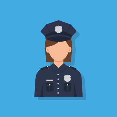 Professional female police officer character in dark blue uniform and hat, presented as a flat design vector avatar on a vibrant background. Law enforcement and security icon.