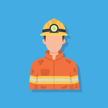 Turuncu yüksek görüş üniformalı profesyonel işçi karakter ve farlı sarı güvenlik kaskı. Madencilik ve endüstriyel meslekler için düz tasarım vektör avatarı.