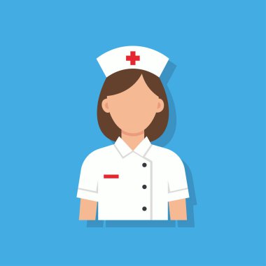 Beyaz üniformalı ve kırmızı haçlı şapkalı profesyonel kadın hemşire, canlı bir arka planda düz dizayn vektör avatarı olarak sunuluyor. Tıbbi ve sağlık ikonu.