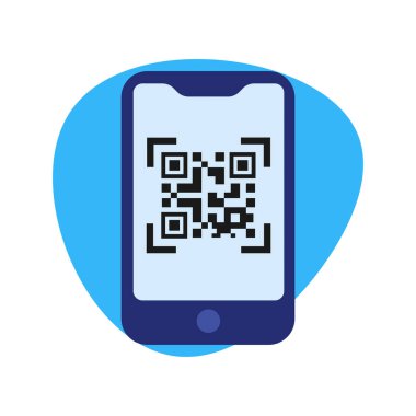 QR kodlu bir akıllı telefonun düz vektör çizimi. Beyaz üzerinde dijital ödeme, mobil tarama ve bilgi erişimi kavramı izole edildi.