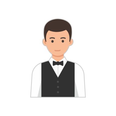 Profesyonel garson karakter resmi siyah yelek, beyaz gömlek ve papyon giyiyor. Restoran, kafe ve konukseverlik ikonları için ideal..