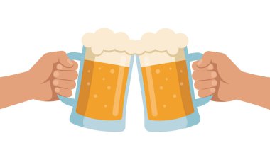 İki el, partiler, Ekim Festivali ve kutlamalar için bir tost vektör illüstrasyonunda bira bardaklarını tokuşturuyor..