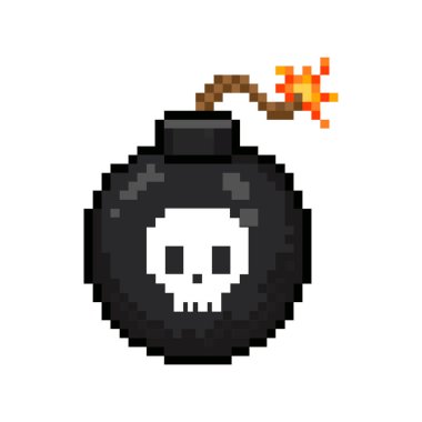 Oyun varlıkları ve tehlike işaretleri için beyaz kafatası sembollü Retro piksel resim bombası ve yanan sigorta vektör simgesi.