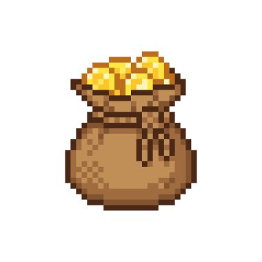 Klasik piksel para çantası altın sikke vektör ikonu ile dolu retro RPG oyun ganimeti ve hazine.