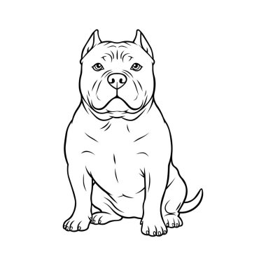 Oturan Pitbull köpek vektör çizimi siyah-beyaz çizim biçimi renk sayfaları ve logoları için.