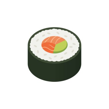 Japon yemek menüleri için taze somon ve avokado vektör illüstrasyonlu lezzetli suşi maki dürümü..