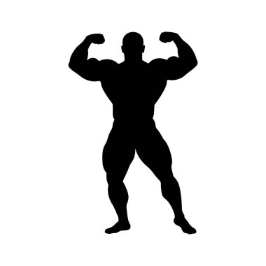 Çift pazılı güçlü vücut geliştirme silueti. Fitness, spor salonu ve vücut geliştirme logosu veya grafikleri için yüksek kaliteli vektör çizimi.