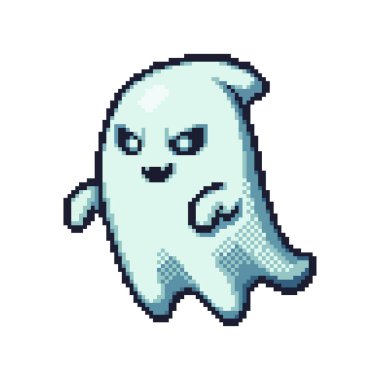 Piksel sanat tarzında süzülen beyaz hayalet. Cadılar Bayramı ve beyaz arka planda izole edilmiş oyun için Retro 8-bit ürkütücü ruh vektör çizimi.