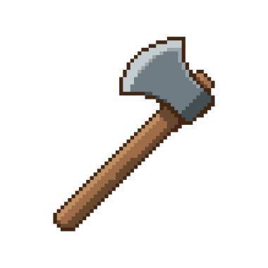 Piksel sanat tarzında klasik ahşap balta. Beyaz arkaplanda zanaat, ormancılık ve oyun için Retro 8-bit araç vektör çizimi izole.